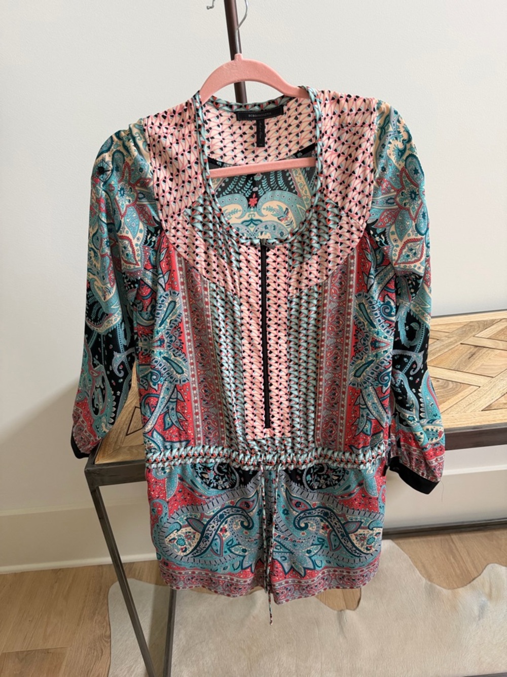 BCBGMaxAzria Pink, Teal & Black Printed Jumpsuit Romper